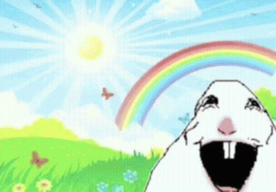 A Cartoon Drawing Of A Rabbit With A Rainbow Behind It GIF
