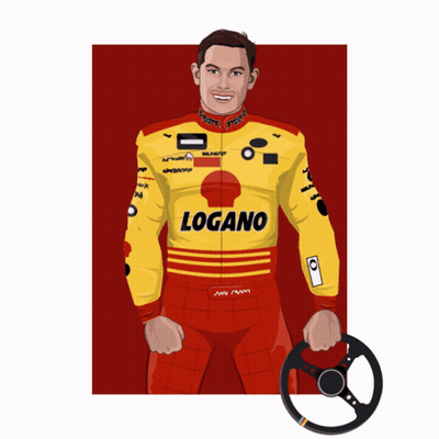 A Cartoon Drawing Of A Race Car Driver Wearing A Yellow Logano Jacket GIF