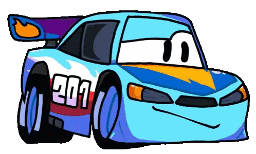 A Cartoon Drawing Of A Race Car With The Number 201 On It Sticker