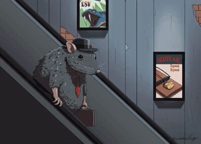 A Cartoon Drawing Of A Rat On An Escalator Next To A Poster For Squeak GIF