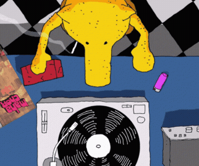 A Cartoon Drawing Of A Record Player With A Book That Says ' Hold Your Own ' On It GIF