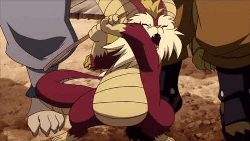 A Cartoon Drawing Of A Red And White Dragon With A Stick In Its Mouth GIF