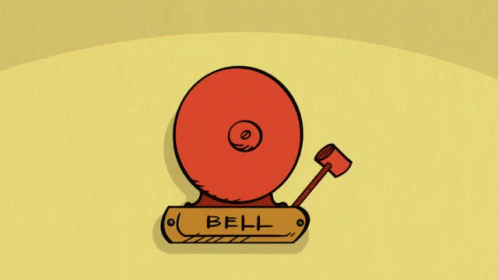 A Cartoon Drawing Of A Red Bell With A Wooden Label That Says Bell GIF