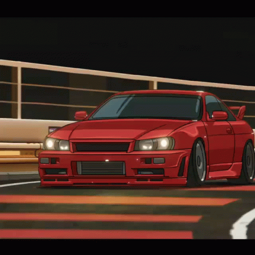 A Cartoon Drawing Of A Red Car Driving On A Road GIF