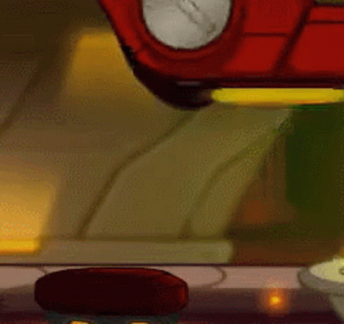 A Cartoon Drawing Of A Red Car With A Clock On The Front . GIF
