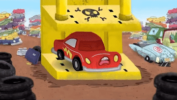 A Cartoon Drawing Of A Red Car With A Skull And Crossbones On It GIF