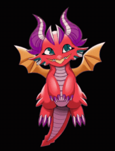 A Cartoon Drawing Of A Red Dragon With Purple Horns And Wings GIF