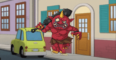 A Cartoon Drawing Of A Red Monster Holding A Hammer GIF