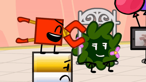 A Cartoon Drawing Of A Red Square Holding A Magnet Next To A Green Object With A Flower On Its Head GIF