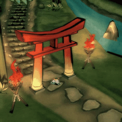 A Cartoon Drawing Of A Red Torii Gate With Flames On The Side GIF
