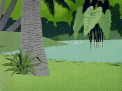A Cartoon Drawing Of A River With Palm Trees In The Background GIF