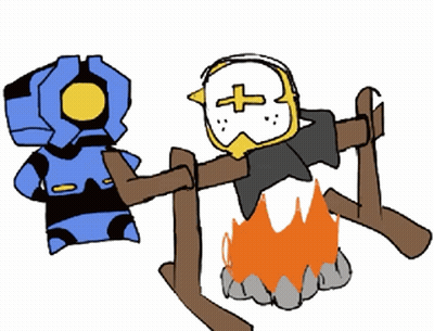A Cartoon Drawing Of A Robot And A Bird With A Cross On Its Head GIF