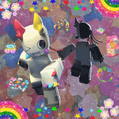 A Cartoon Drawing Of A Robot And A Unicorn With A Rainbow Background GIF