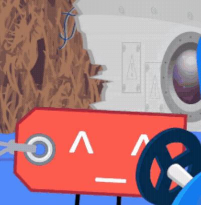 A Cartoon Drawing Of A Robot Holding A Red Tag That Says ' Vv ' On It GIF