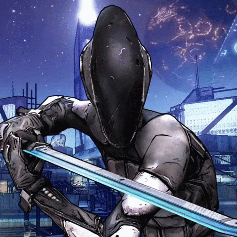 A Cartoon Drawing Of A Robot Holding A Sword With A Planet In The Background GIF