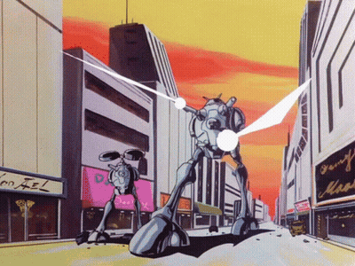A Cartoon Drawing Of A Robot In Front Of A Building That Says Jenny GIF
