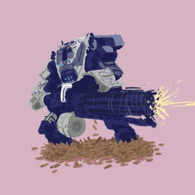 A Cartoon Drawing Of A Robot With A Large Cannon On A Pink Background GIF