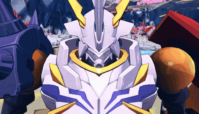 A Cartoon Drawing Of A Robot With A Purple And Gold Helmet GIF