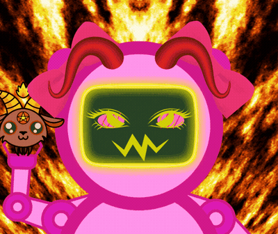 A Cartoon Drawing Of A Robot With Horns And A Pentagram On It 'S Head GIF
