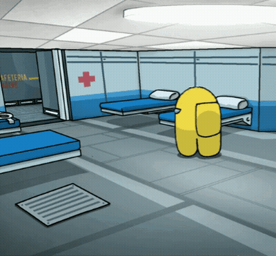A Cartoon Drawing Of A Room With A Red Cross On The Wall And A Sign That Says Cafeteria GIF
