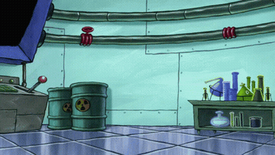 A Cartoon Drawing Of A Room With Barrels And Beakers On The Floor GIF