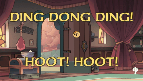 A Cartoon Drawing Of A Room With The Words Ding Dong Ding Hoot Hoot On It GIF