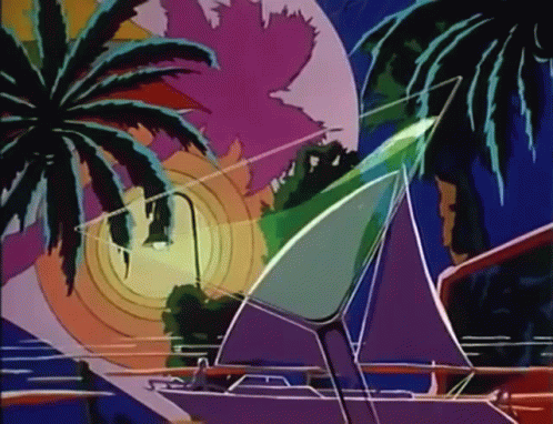 A Cartoon Drawing Of A Sailboat With Palm Trees In The Background . GIF