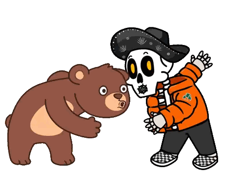 A Cartoon Drawing Of A Skeleton And A Brown Bear Sticker