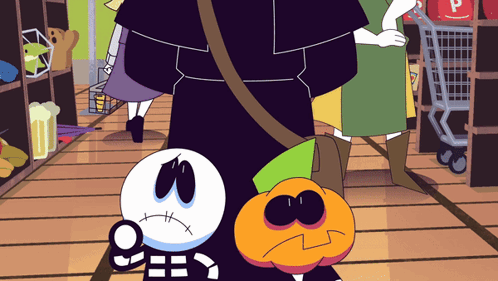 A Cartoon Drawing Of A Skeleton And A Pumpkin Standing Next To Each Other GIF
