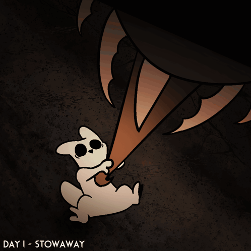 A Cartoon Drawing Of A Skeleton Being Eaten By A Monster With The Words Day 1 Stowaway Below It GIF
