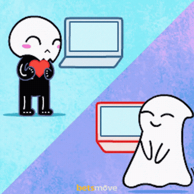A Cartoon Drawing Of A Skeleton Holding A Heart And A Ghost Holding A Laptop GIF