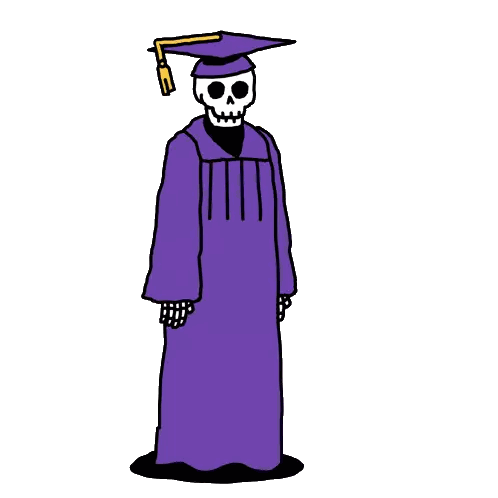 A Cartoon Drawing Of A Skeleton Wearing A Purple Graduation Cap And Gown Sticker