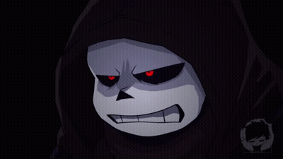 A Cartoon Drawing Of A Skeleton With Red Eyes And A Hood GIF