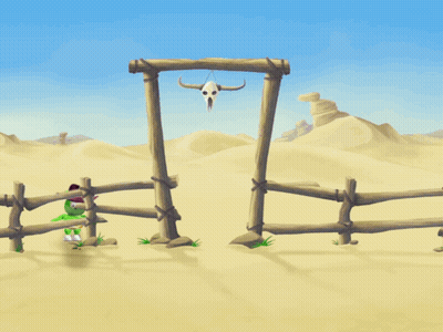 A Cartoon Drawing Of A Skull Hanging From A Wooden Fence In The Desert GIF