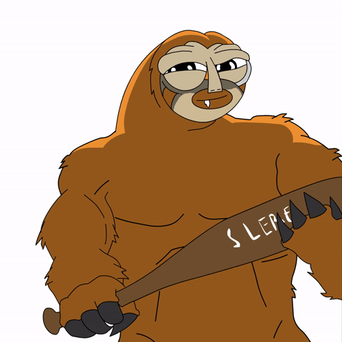 A Cartoon Drawing Of A Sloth Holding A Bat That Says Slere GIF