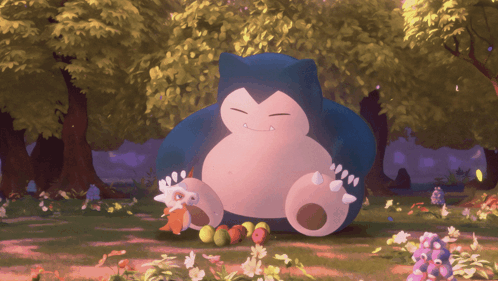 A Cartoon Drawing Of A Snorlax Sleeping In The Woods GIF