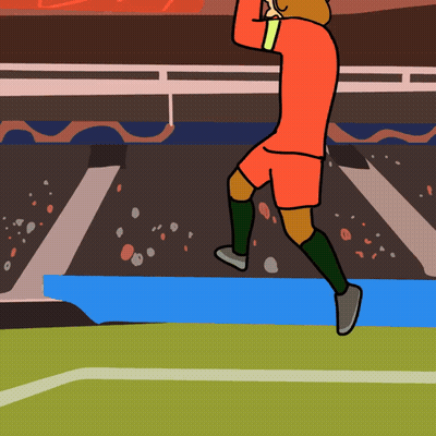A Cartoon Drawing Of A Soccer Player In Orange Shorts Jumping In The Air GIF