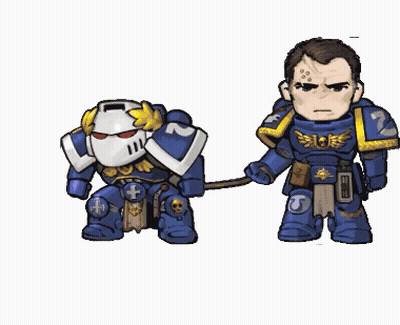A Cartoon Drawing Of A Space Marine On A Leash With The Number 2 On His Chest GIF