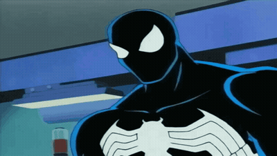 A Cartoon Drawing Of A Spider Man In A Black Suit GIF