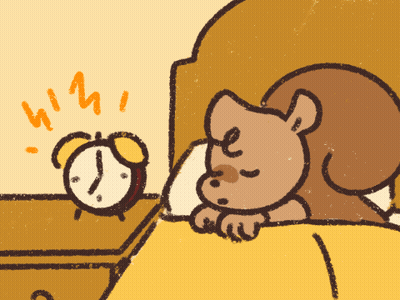 A Cartoon Drawing Of A Squirrel Sleeping Next To An Alarm Clock GIF