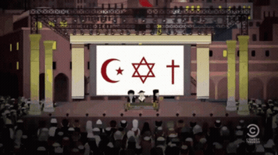 A Cartoon Drawing Of A Stage With A Sign That Says ' Comedy Central ' On It GIF