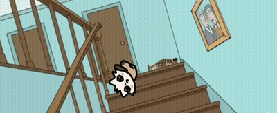 A Cartoon Drawing Of A Staircase With A Picture Of A Couple Hanging On The Wall GIF