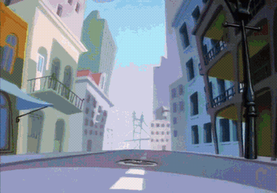 A Cartoon Drawing Of A Street With Buildings And A Manhole Cover GIF