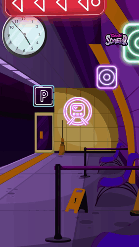 A Cartoon Drawing Of A Subway Station With A Clock On The Wall GIF