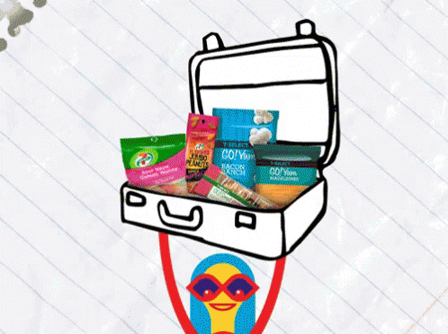 A Cartoon Drawing Of A Suitcase Filled With Snacks Including Trader Joe 'S GIF