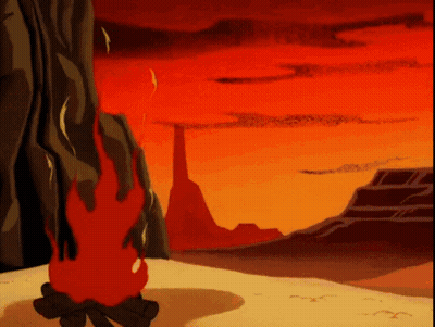 A Cartoon Drawing Of A Sunset With A Fire In The Foreground GIF