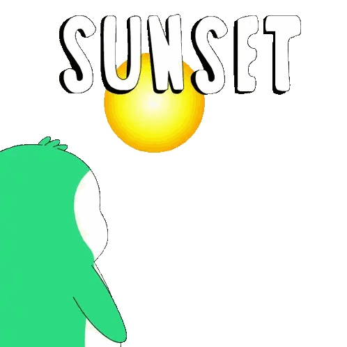A Cartoon Drawing Of A Sunset With A Green Penguin Sticker