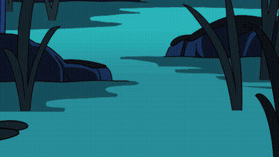 A Cartoon Drawing Of A Swamp With Rocks And Trees GIF