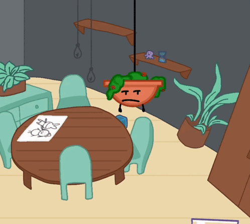 A Cartoon Drawing Of A Table And Chairs With A Potted Plant With A Sad Face Hanging From The Ceiling GIF