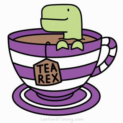 A Cartoon Drawing Of A Tea Rex In A Cup Of Tea GIF